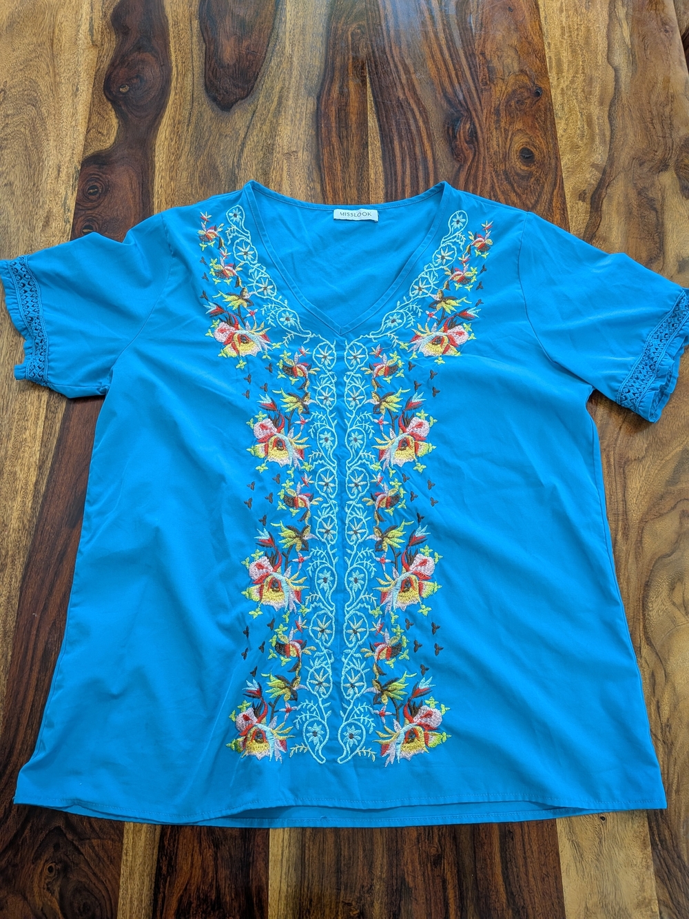 Misslook Blue Embroidered Floral Boho Tunic Blouse V-Neck Top Estimated XL